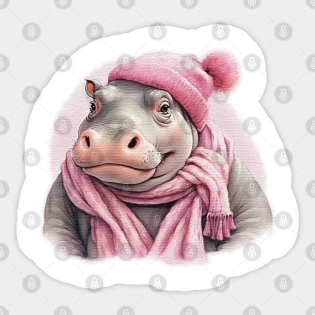 Adorable cute Hippo wearing a pink hat and scarf Sticker by JnS Merch Store